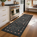 GarveeHome Boho 2x6 Runner Rug for Hallways Non Slip, Vintage Botanical Kitchen Rugs Washable Area Rug for Entryway Stain Resistant, Low Pile Soft Runner Black Carpet for Bedroom Floor Laundry Room