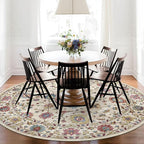 Washable Round Area Rug 4ft - Cream Colorful Traditional Floral Boho Living Room Circle Rug 4x4 Non-Slip Carpet Soft Vintage Bohemian Round Rugs for Bedroom Bathroom Kitchen Nursery