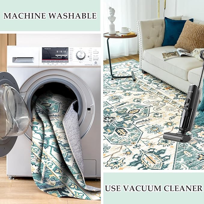 VK VK·LIVING Entryway Washable Rug 2'x3' Small Boho Bathroom Throw Area Rug Non Slip Doormat Indoor Front Door Machine Washable Carpet for Bathroom Kitchen Vintage (Green Beige)