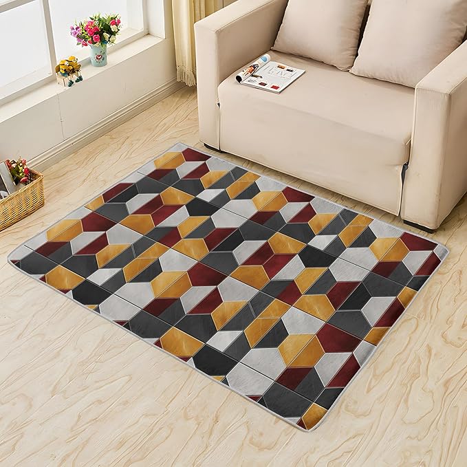 Modern Hexagon Rug - 6x9, Geometric Pattern for Living Room & Bedroom, Washable, Non-Slip, Soft Indoor Carpet
