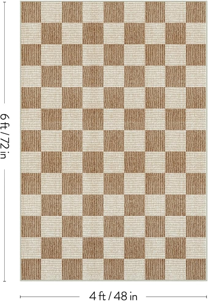 LIVEBOX 4x6 Washable Area Rug Checkered, Non-Slip Small Entryway Rug Brown Farmhouse Neutral Classic Geometric Boys Rug for Bedroom Living Room Low-Pile Carpet for Indoor Kitchen Bathroom(Brown 4'x6')