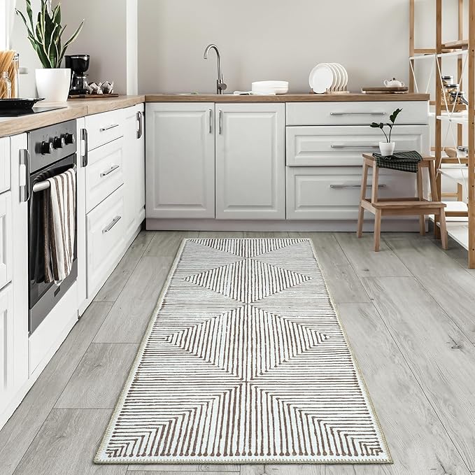 Bloom Rugs Washable Non-Slip 7 ft Runner - Brown Striped Runner for Entryway, Hallway, Bathroom, and Kitchen - Exact Size: 2.5' x 7'