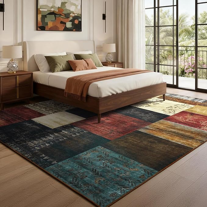 DweIke Large Modern Washable Area Rugs 8x10, Living Room Rug Non-Slip and Non-Shedding Large Rugs for Bedroom, Low Pile Indoor Rubber Backed Carpets for Dining Office Home Decor, Colorful