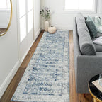 Morebes Vintage Washable Laundry Room Rugs and Mats,2.5x8 Blue Runner Rug Non Slip,Long Runner Rug for Entryway Indoor, Distressed Throw Rug Indoor Entrance Floor Carpet Runner, Blue