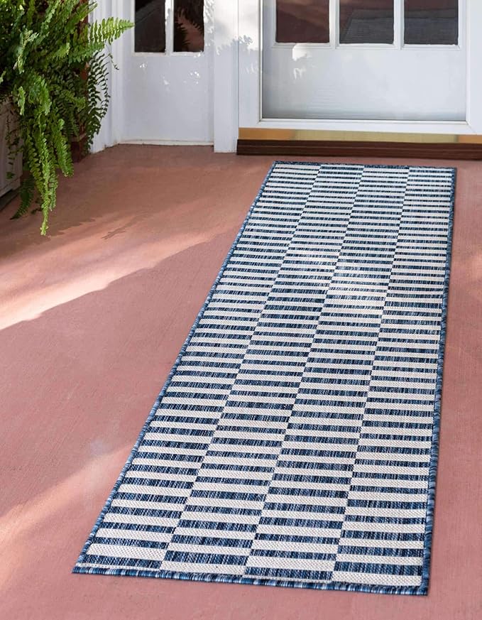 Unique Loom Outdoor Striped Collection Area Rug - Striped (2' x 6' 1" Runner, Blue/Ivory)