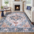 SERISSA Washable Rugs 6x9 Area Rugs, Large Non-Slip Boho Living Room Blue Orange Rug, Ultra Soft Vintage Oriental Tribal Farmhouse Carpet for Dining Room Bedroom Dorm Office Home Decor
