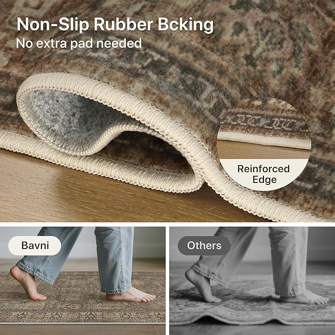 Bavni Washable Rugs 8x10-Machine Washable Rug Lightweight Low Pile, Vintage Floral Rug Non-Shedding Distressed Throw Carpet for Living Room Bedroom Office, Brown