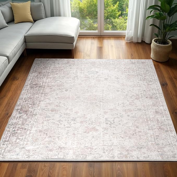 Area Rug – 6x9 Washable Ultra-Soft Vintage Boho Faux Wool Carpet for Living Room, Dining Room, Bedroom, Home Office (Beige)