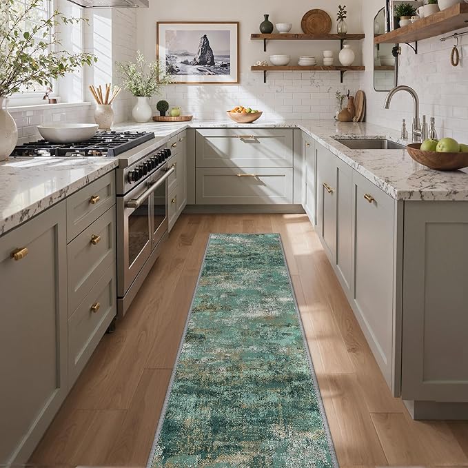 GENIMO Runner Rug Non Slip 2'6"x10', Washable Rug Runner for Hallways Kitchen, Abstract Modern Kitchen Rugs, Low Pile Lightweight Carpet Runners for Entryway, Bedroom, Laundry, Turquoise