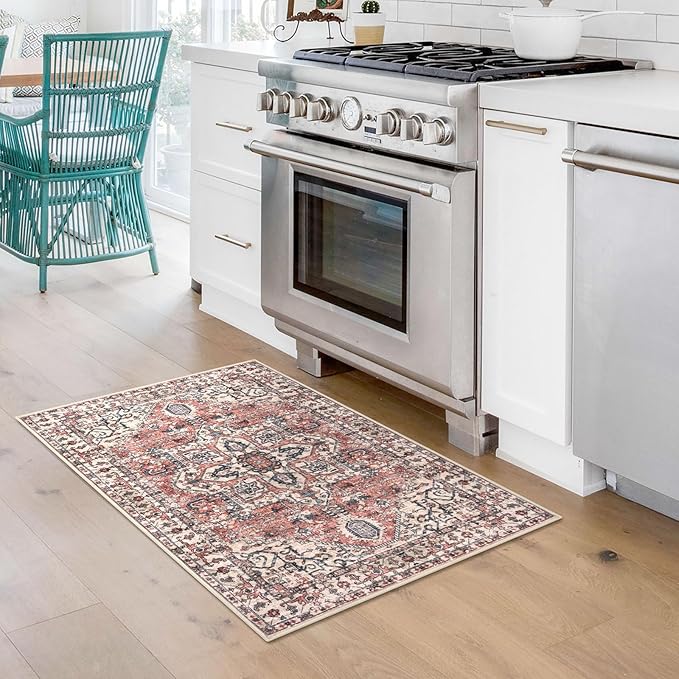 KOZYFLY Small Area Rug 2x3 Ft Rugs for Entryway Washable Boho Entry Rug Non Slip Door Mat Indoor Entrance Faux Wool Vintage Printed Kitchen Rug Throw Rugs for Entrance Kitchen, Terracotta/Beige