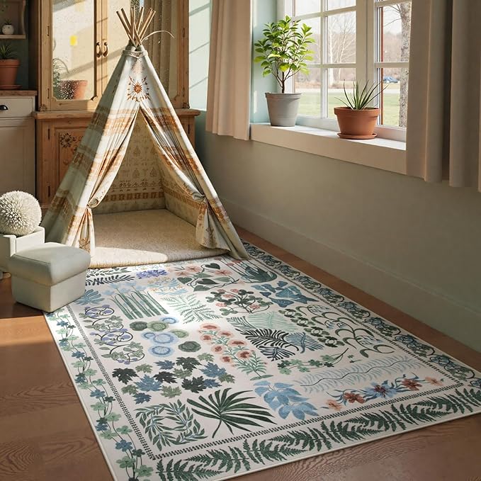Floral Boho Beige Washable 3x5 Bathroom Entrance Rugs Indoor, Non Slip Flower Botanical Area Rugs for Kitchen Floor Soft Throw Carpet for Laundry Living Room Entrance (Beige,3 x 5)