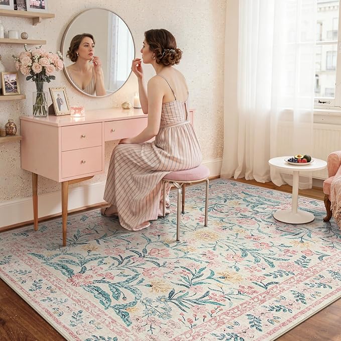 Wonnitar Pink Rugs for Bedroom Girls, 5x7 Washable Rug for Nursery Decor, Boho Soft Floral Carpet Non Slip, Indoor Ultra-Thin Floor Carpet for Baby Kids Room Living Room Dorm