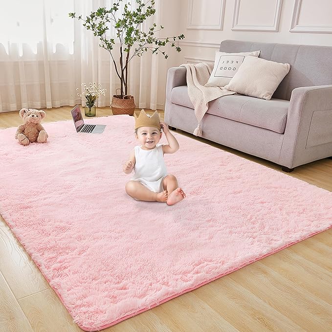 Andency Pink Soft Area Rugs for Living Room Bedroom, 5x8 Fluffy Shaggy Bedside Rug, Non-Slip Large Shag Fuzzy Plush Carpets for Bedroom Kids Dorm Nursery Home Decor Aesthetic