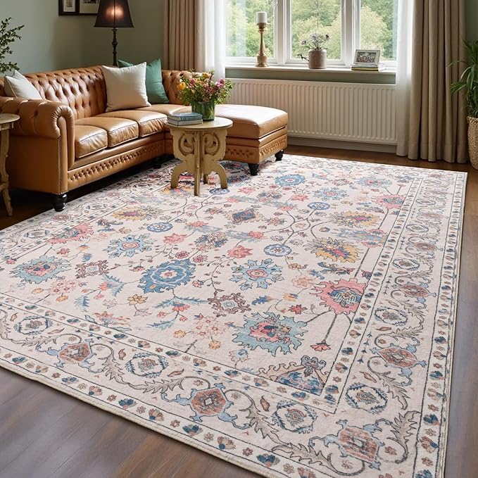Area Rug for Living Room, 9x12 Washable Non Slip Large Faux Wool Throw Rug, 0.3″ Low Pile & Non-Shedding Boho Large Carpet Rugs for for Dining Room, Bedroom, Office (Beige)