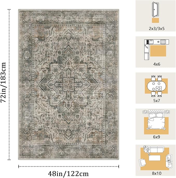4x6 Machine Washable Area Rug for Living Room, Grey Rusty Boho Vintage Floral Rug Large Non-Slip Low Pile Soft Faux Wool Carpet, Kids and Pets Friendly for Bedroom Dining Room Farmhouse Decor Rug