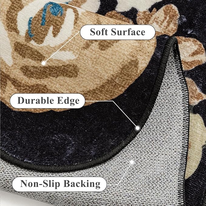 Washable Floral Runner Rug 2x5 Black Hallway Carpet Scalloped Flower Non Slip Soft Long Kitchen Runner Farmhouse Low Pile Thin Indoor Floor Cover for Bathroom Bedroom Laundry Room Entryway