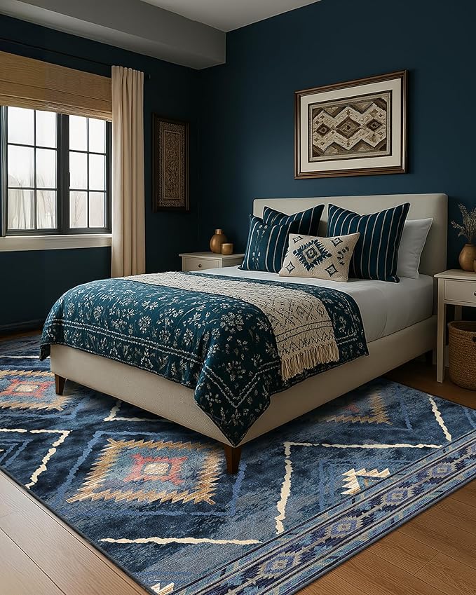 Area Rug 8x10 Rug Machine Washable Non-Slip Low Pile Print Pattern Western Rug for Living Room Bedroom Entryway Tribal Series -Darkblue