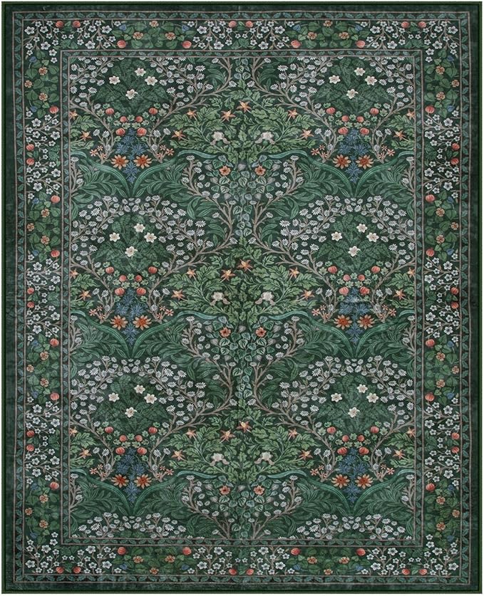 Lahome Floral Dark Green Area Rugs 8x10, Soft 8x10 Washable Rugs for Living Room Bedroom, Boho Non-Slip Forest Large Throw Carpet for Farmhouse Dining Room Office, Dark Green