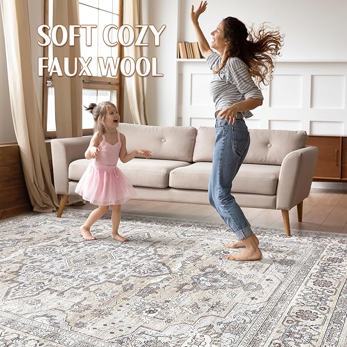 7x9 Area Rug Living Room: Washable Boho Large Neutral Vintage Soft Rugs Stain Resistant Farmhouse Non Slip Indoor Floor Carpet for Bedroom Nursery Kids Playroom Office Dining Room- Ivory Gray