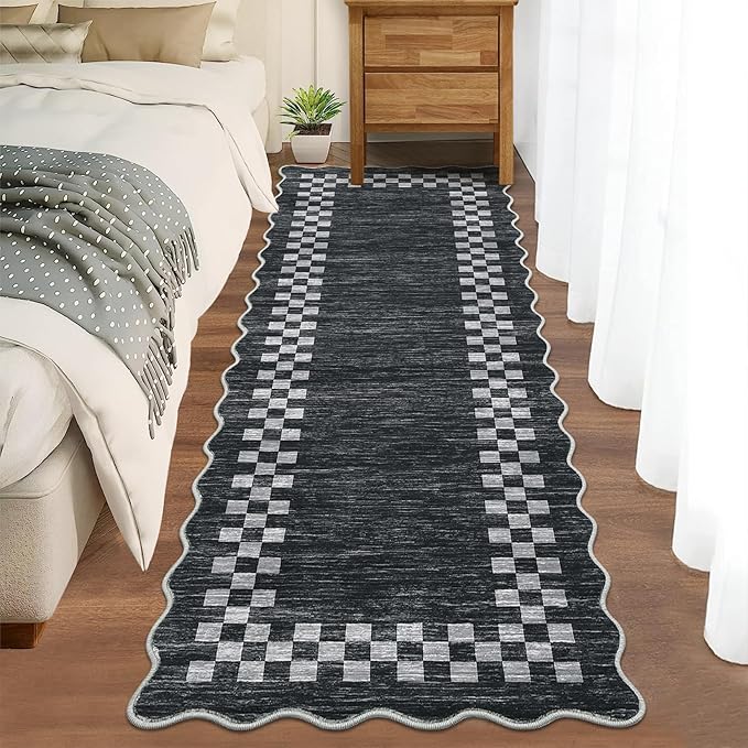 GarveeHome Hallway Runner Rug 2x6 Non Slip Scalloped Washable Rug for Kitchen Entry Stain Resistant Modern Border Throw Floor Carpet Long Runner Mat for Bathroom Living Room Bedside, Grey