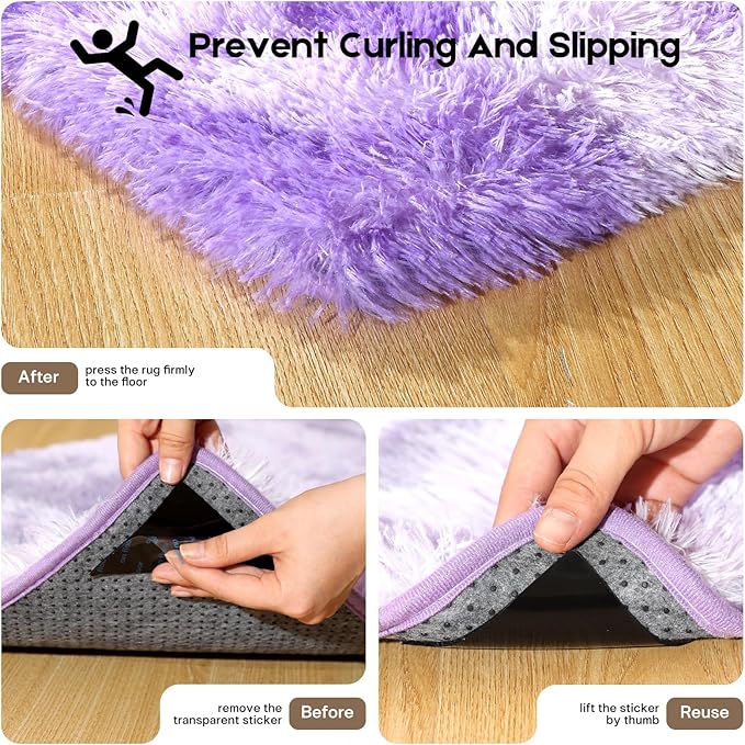 2x3 Rugs for Bedroom, Fluffy Small Area Rugs for Living Room,Soft Shag Fuzzy Carpet with 4 Non-Slip Stickers for Kids Boys and Girls Nursery Room Dorm Home Decor (Tie-Dyed Purple, 2ft x 3ft)