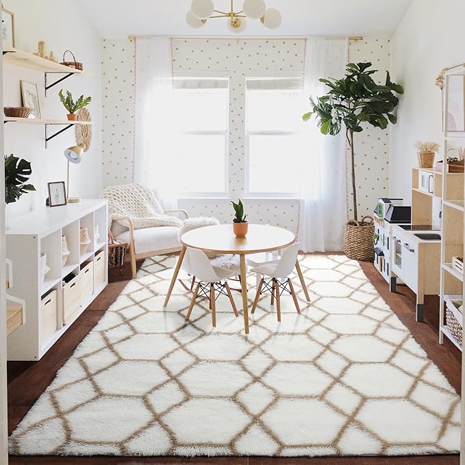 ONASAR Large Living Room Area Rug 6x9, White and Beige Geometric Rugs Floor Mat for Bedroom Home Decor Aesthetic, Soft Fuzzy Shaggy Plush Fluffy Moroccan Carpet for Dorm Classroom Farmhouse