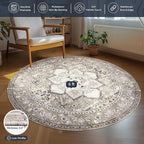 PURRUGS Vintage Farmhouse Boho Area Rug 6x6 ft, Non-Slip Machine Washable Round Rug, Accent Oriental Rug for Dining Room, Living Room, Bedroom, Entryway and Kitchen, Taupe/Vanilla
