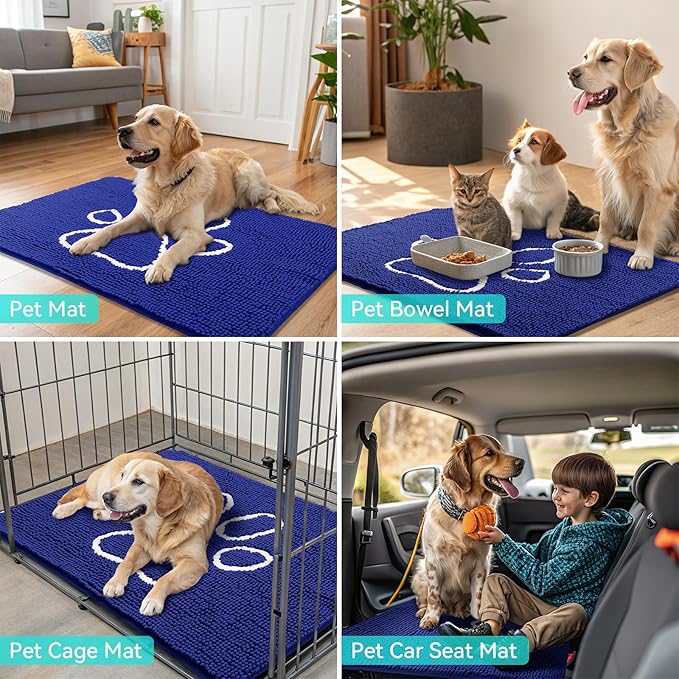 Smiry Dog Door Mat for Muddy Paws, Absorbent Dirt Trapper Non Slip Quick Dry Washable Chenille Mat for Mud Dogs, Entry Rug for Indoor and Outdoor (48x30 Inches, Navy Blue and White)