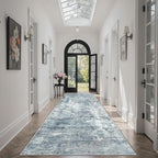 Washable Runner Rug, 2'6" x 8' Non-Slip Kitchen Vintage Foldable Hallway Runners for Entryway, Laundry, Bedroom, Blue