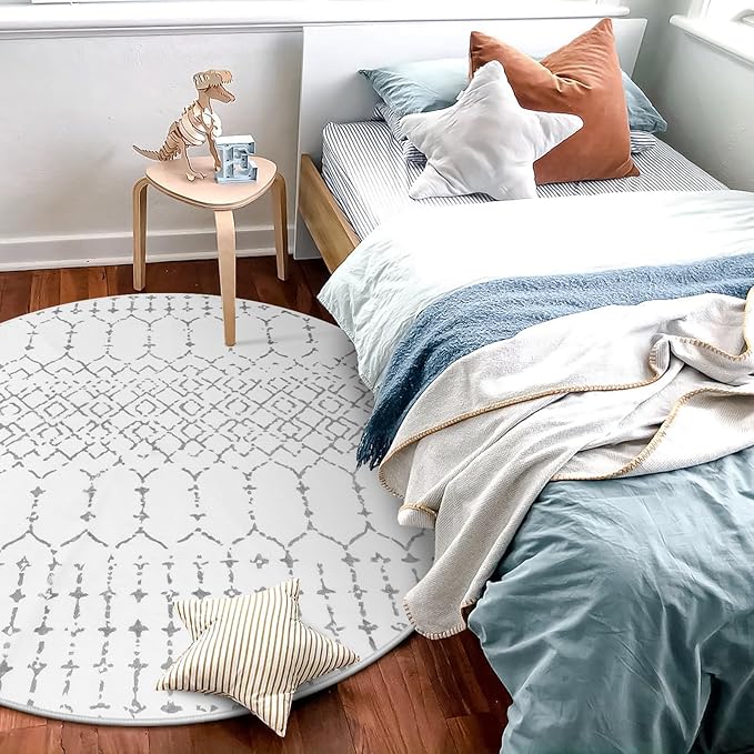 Lahome Moroccan Round Area Rug - 3Ft Round Rug Non-Slip Washable Soft Round Bathroom White Throw Small Circle Rug for Bedroom, Modern Geometric Print Low-Pile Round Rugs for Entryway Kitchen Sofa