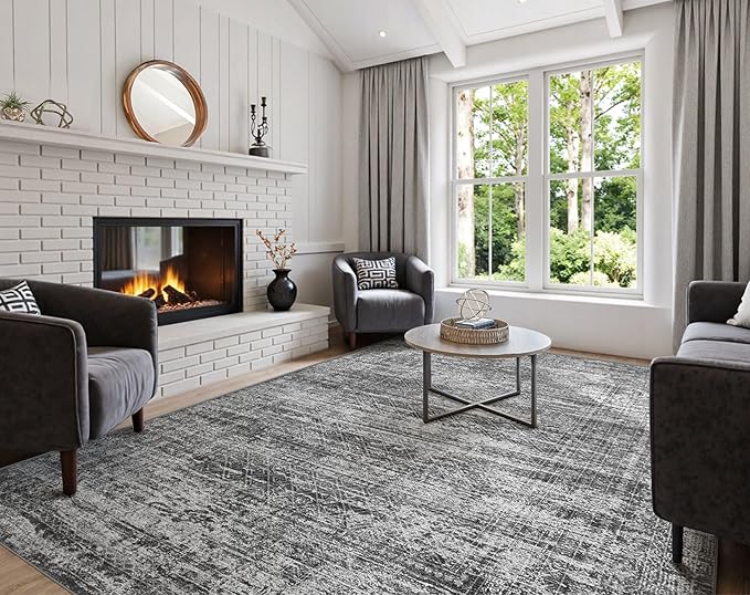 10x14 Area Rug Living Room Rugs - Washable Neutral Modern Abstract Soft Thin Rug Indoor Floor No Slip Rug Carpet for Bedroom Under Dining Table Home Office Decor - Dark Gray