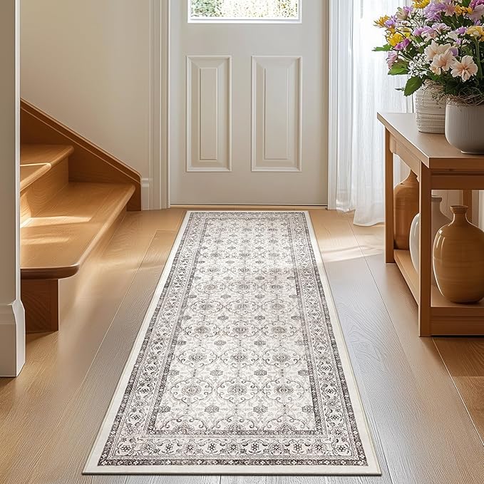 jinchan Floral Runner Rug 2x5 - Machine Washable Beige Vintage Distressed Design Soft Non-Slip Low-Pile Ultra-Thin Runner Rug for Kitchen Hallway Laundry Room Entryway Farmhouse (2‘x5', Beige)