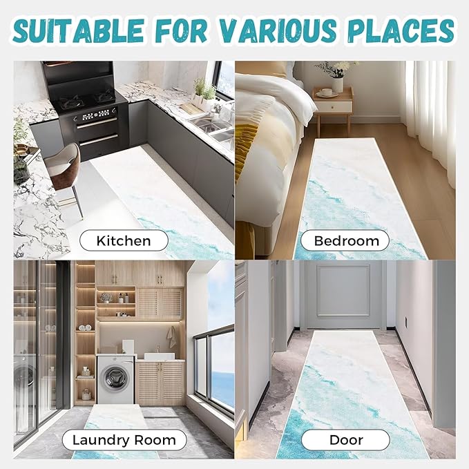 Beach Pattern 2.6x8ft Runner Rug Non Slip Washable Kitchen Runner Rug with Rubber Backing，Low-Pile Soft Washable Runner Rugs for Hallway Entryway Kitchen Bedroom Living Room Bathroom