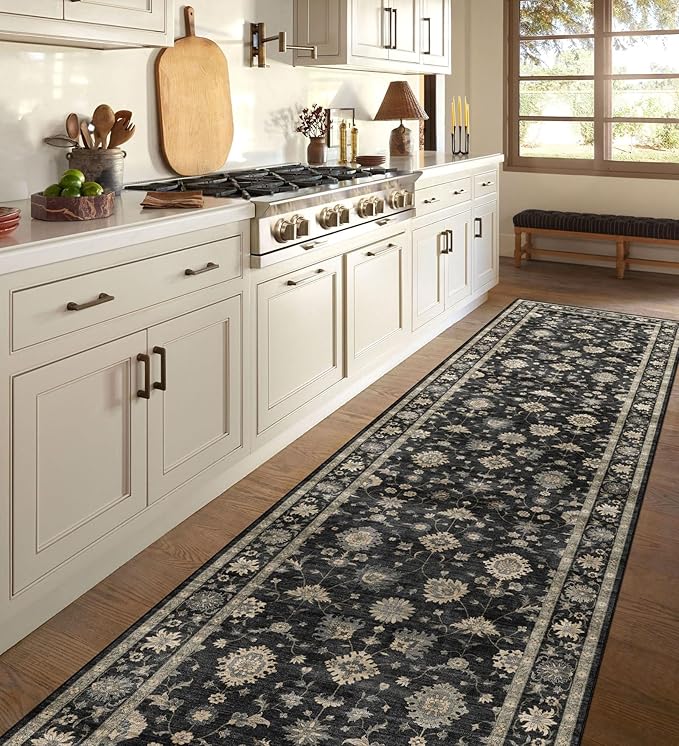 Kitchen Runner Rugs Non Skid Washable - 2.5x8ft Long Charcoal Black Boho Farmhouse Hallway Runner Rug Low Pile Vintage Moody Floral Carpet for Hallway Laundry Room Entryway Bedroom Foyer