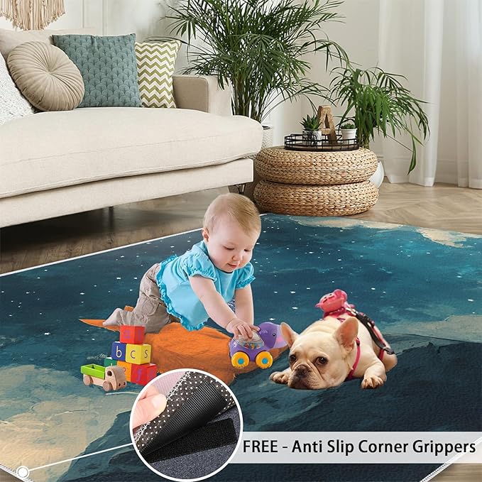 Orange Cat Rugs for Bedroom - 3x4 Area Rug - Cartoon Starry Sky Rugs for Living Room, 3D Cute Cat Rug, Non-Slip Washable Home Decor Carpet