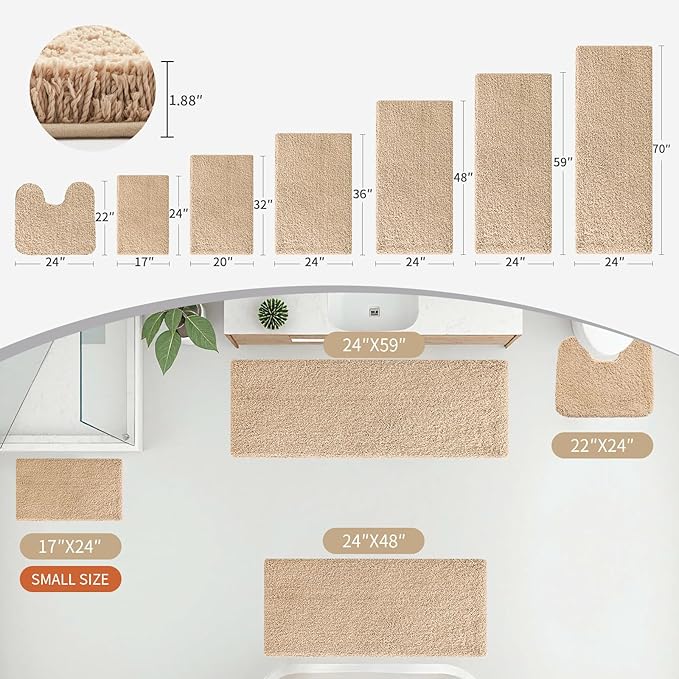 Beige Bathroom Runner Rug 24x70 Non Slip Fluffy Long Bath Mat for Bathroom Floor Washable Plush Luxury Large Bath Rug for Tub Absorbent Runner Rug for Bedside