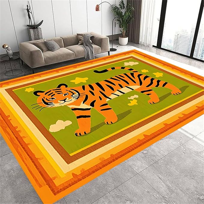 Tiger Rugs for Living Room，5x6ft,Modern Minimalist Style Orange Tiger Rug Suitable for Children's Room，Machine Washable Cute Tiger Rug for Boys and Girls Bedroom Farmhouse Restaurant