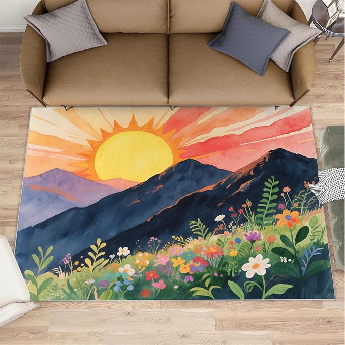 Boho Sun Area Rugs 5x6ft, Minimalist Line Rugs for Kids Bedroom, Geometric Solar Office Rug Low Pile are Not Stumbling Foot for Living Room End Table Nursery