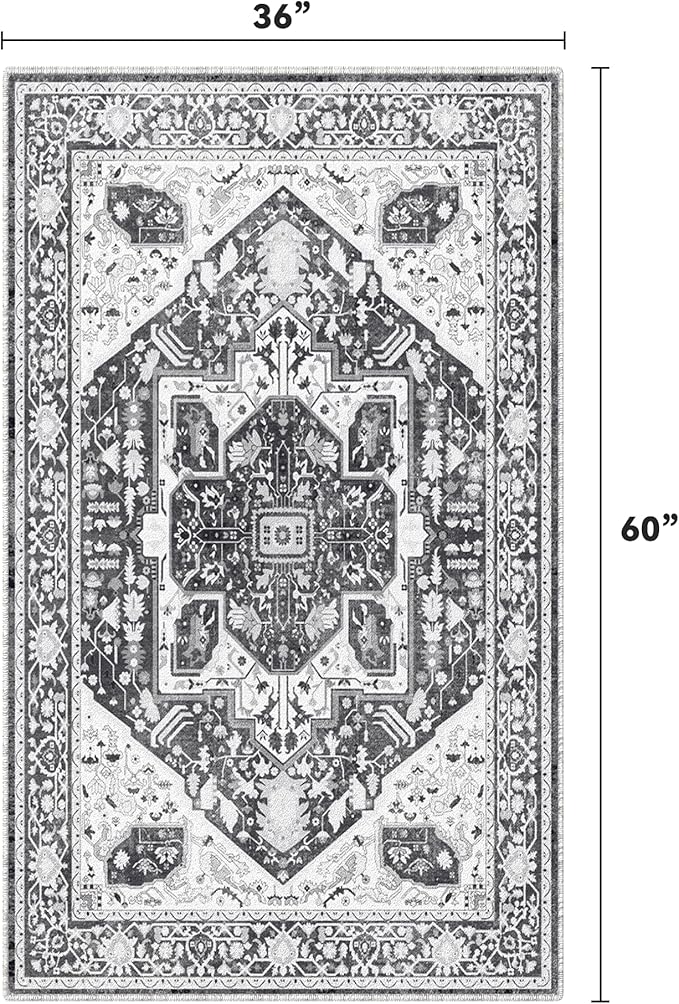 EnHomee 3x5 Washable Area Rugs for Bedroom, Boho Vintage Rugs, Foldable Area Rug for Dining Room, Non-Slip Soft Living Room Rug, Low Pile Large Carpet for Bathroom, Grey