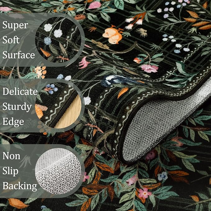 Morebes Boho Flower Rug for Living Room Non Slip, Washable Area Rugs 5x7, Soft Black Floral Birds Low-Pile Floor Indoor Throw Carpet for Bedroom Dining Room Dorm Playroom Foyer Office