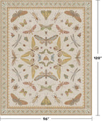 8x10 Fun Rugs For Bedroom - Maximalist Rug for Living Room, Playroom, Dining Room Under Kitchen Table, Washable Soft Stain Resistant Low Pile, Butterfly Insect Floral Cottage Decor, Beige & Yellow