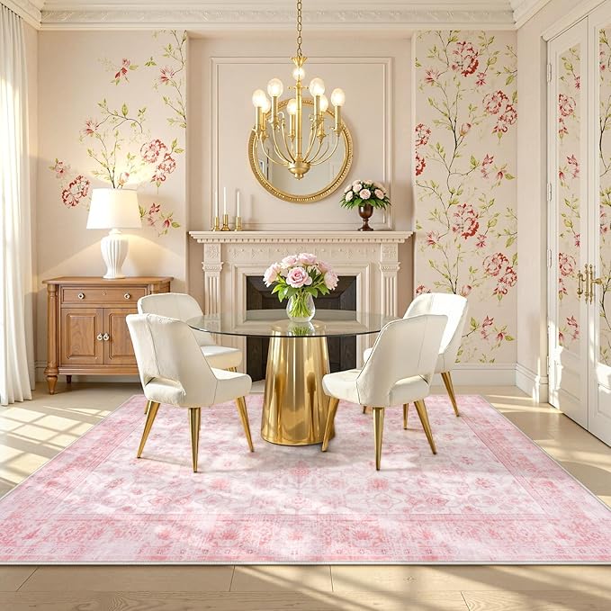 LIVEBOX Pink Area Rug 5x7, Vintage Living Room Rug Machine Washable Area Rugs, Pink Rugs for Bedroom Girls, Indoor Carpet for Dining Room Nursery Dorm Home Decor