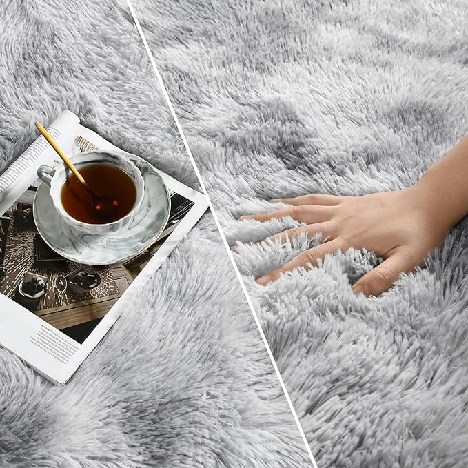 Shag Area Rug, 4 X 6 Tie-Dyed Plush Fuzzy Rugs for Living Room, Ultra Soft Fluffy Furry Rug for Bedroom, Indoor Carpet Nursery Rugs for Kids Room Home Decor, Light Grey