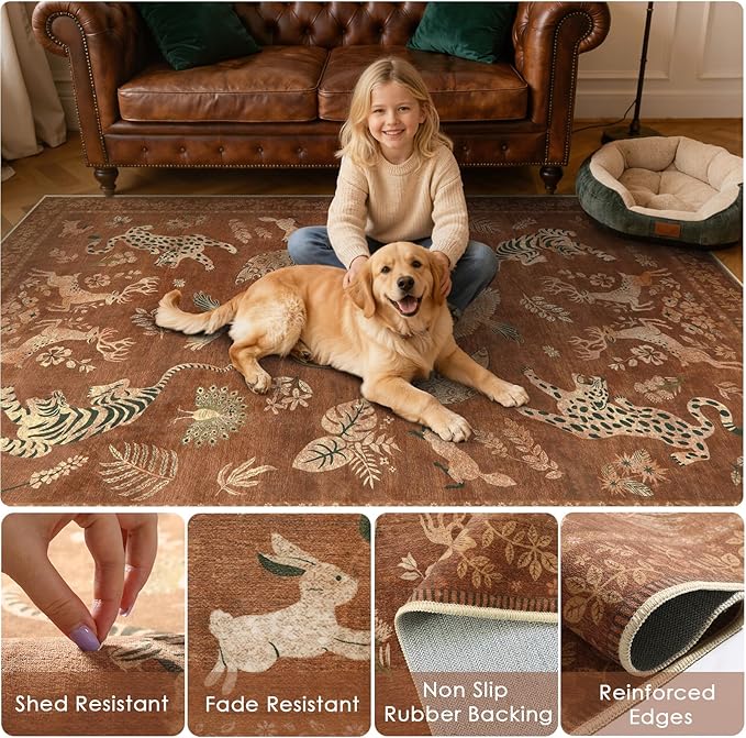Moynesa Orange 5x7 Bedroom Rugs, Vintage Peacock Floral Washable Area Rugs for Living Room Dining Room Office Study, Low Pile Soft Non-Slip Water Repellent Carpets for Fall Winter Home Decor