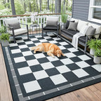 Vasofe Checkered Jute 6x9 Area Rugs, Washable Outdoor Patio Rug for Living Room Entrance Indoor Carpet, Non Slip Farmhouse Neutral Geometric Rugs for Bedroom Dining Room Backyard, Black and White
