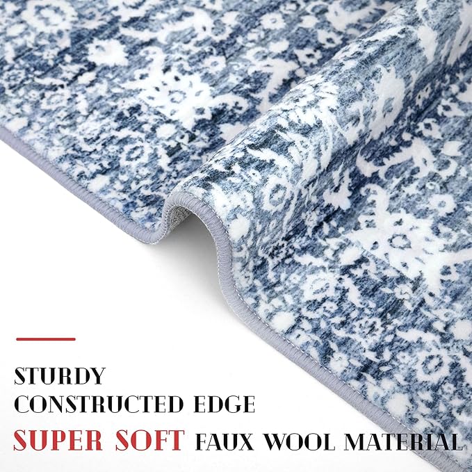 Hallway Runner Rug, Light Blue White Washable Runner Rug 2x8 Vintage Floral Kitchen Rug Runner Non Slip Thin Printed Faux Wool Super Soft Carpet for Entryway Bedroom Laundry Room Indoor