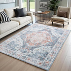 8x10 Area Rugs for Living Room, Machine Washable Non-Slip Low Pile Faux Wool Boho Vintage Carpet, Non-Shedding Large Rug for Bedroom Dining Room Office, Light Blue