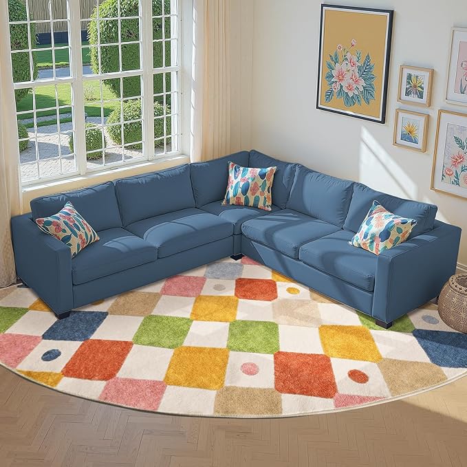 jinchan Macy Kids Rug for Classroom 8ft Radius Corner Washable Area Rug Modern Colorful Quarter Circle Rug Soft Non-Slip Carpet for Nursery Playroom Daycare Reading Nook Living Room Circus on Cream