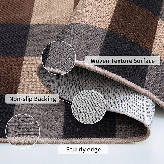 Tangsoo Checkered 4x6 Washable Easy Jute Area Rug for Patio,Non-Slip Black Brown Indoor Outdoor Rug,Modern Throw Mat Ultra Thin Carpet for Front Porch Kitchen Bedroom Foyer
