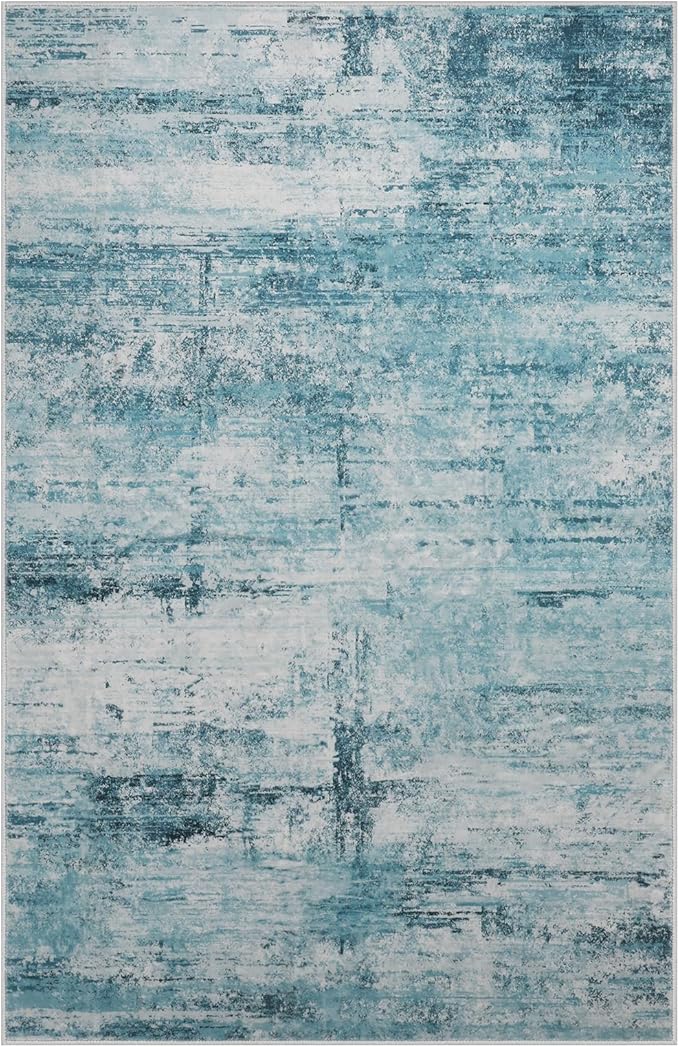 9x12 Abstract Area Rugs for Living Room, Modern Teal Grey Washable Indoor Rug for Bedroom, Thin Soft Large Non-Slip Carpet for Dining Room Home Office Farmhouse Decor - Teal+Gray